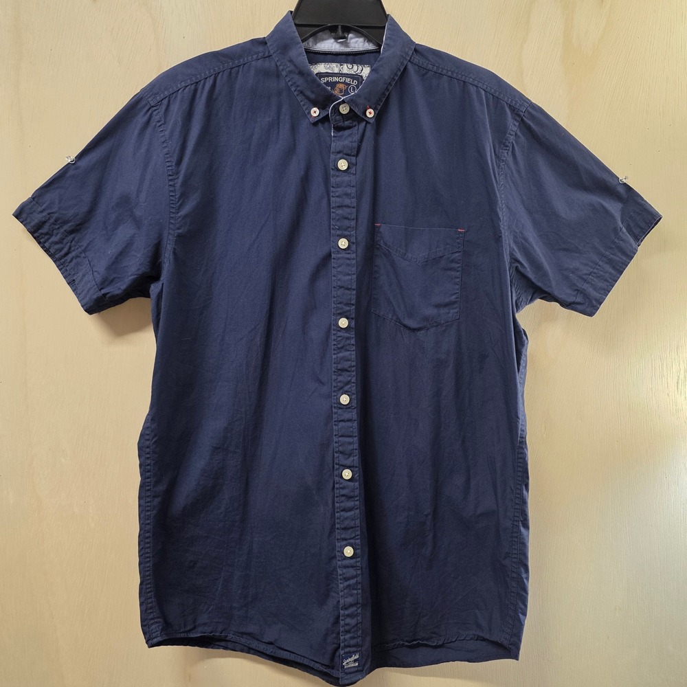 Springfield Mens Navy Blue Cotton Poplin Short Sleeve Button Down Shirt Large
